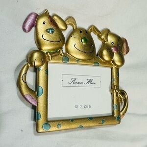 Ashleigh Manor Picture Frame 3 1/2x 2 1/2” Gold Tone 3 Puppies Dogs Pet Photo